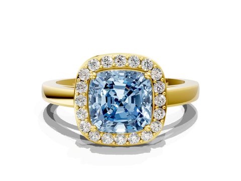 Yellow gold Fancy Blue Cushion Cut Halo Diamond Ring with Solitaire Band and Prong Setting