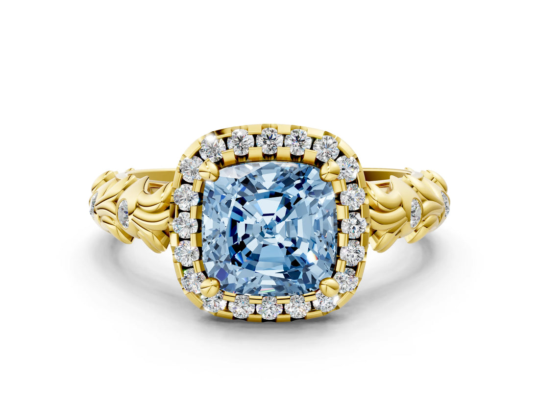 Yellow gold Fancy Blue Cushion Cut Halo Diamond Solitaire with Filigree Band and Four-Prong Setting