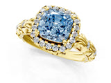 Yellow gold Fancy Blue Cushion Cut Halo Diamond Solitaire with Filigree Band and Four-Prong Setting_1