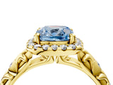 Yellow gold Fancy Blue Cushion Cut Halo Diamond Solitaire with Filigree Band and Four-Prong Setting_4