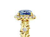Yellow gold Fancy Blue Cushion Cut Halo Diamond Solitaire with Filigree Band and Four-Prong Setting_5