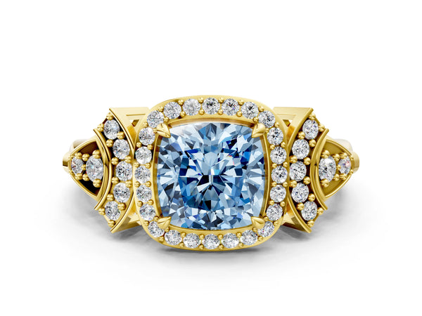 Yellow gold Fancy Blue Cushion Cut Halo Diamond Split Shank Engagement Ring with Four-Prong Setting
