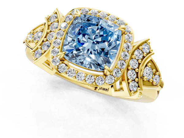 Yellow gold Fancy Blue Cushion Cut Halo Diamond Split Shank Engagement Ring with Four-Prong Setting