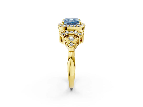 Yellow gold Fancy Blue Cushion Cut Halo Diamond Split Shank Engagement Ring with Four-Prong Setting