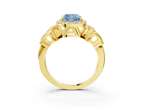 Yellow gold Fancy Blue Cushion Cut Halo Diamond Split Shank Engagement Ring with Four-Prong Setting