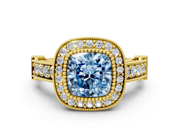 Yellow gold Fancy Blue Cushion Cut Halo Diamond Split Shank Pave Ring