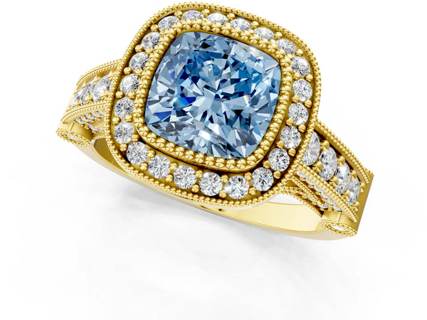 Yellow gold Fancy Blue Cushion Cut Halo Diamond Split Shank Pave Ring