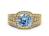 Yellow gold Fancy Blue Cushion Cut Halo Diamond Split Shank Ring with Prong Setting
