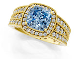 Yellow gold Fancy Blue Cushion Cut Halo Diamond Split Shank Ring with Prong Setting_1