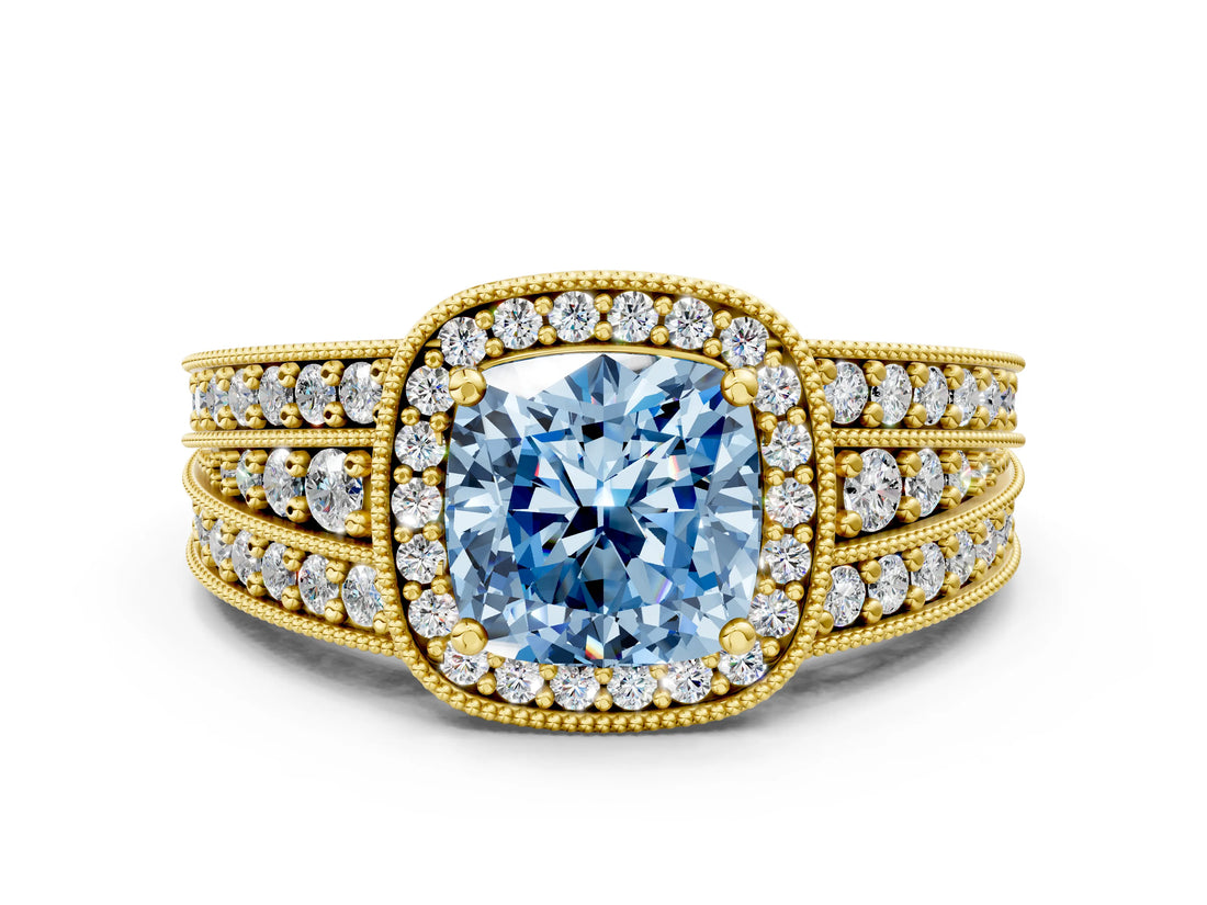 Yellow gold Fancy Blue Cushion Cut Halo Diamond Split Shank Ring with Prong Setting_6