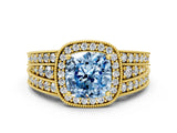 Yellow gold Fancy Blue Cushion Cut Halo Diamond Split Shank Ring with Prong Setting_6