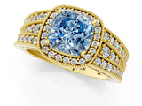 Yellow gold Fancy Blue Cushion Cut Halo Diamond Split Shank Ring with Prong Setting_7
