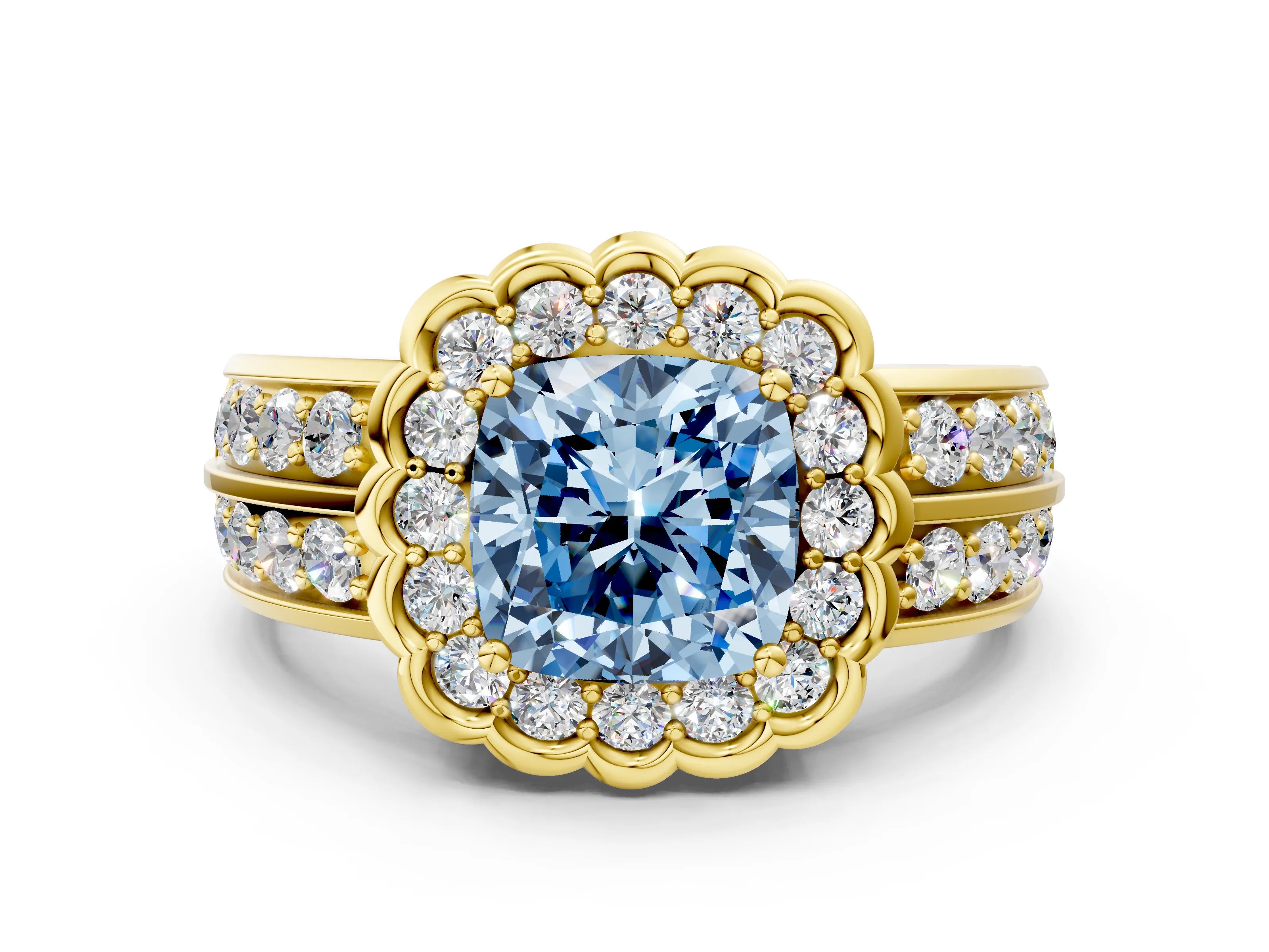 Yellow gold Fancy Blue Cushion Cut Halo Diamond Split Shank Ring with Scalloped Prong Setting