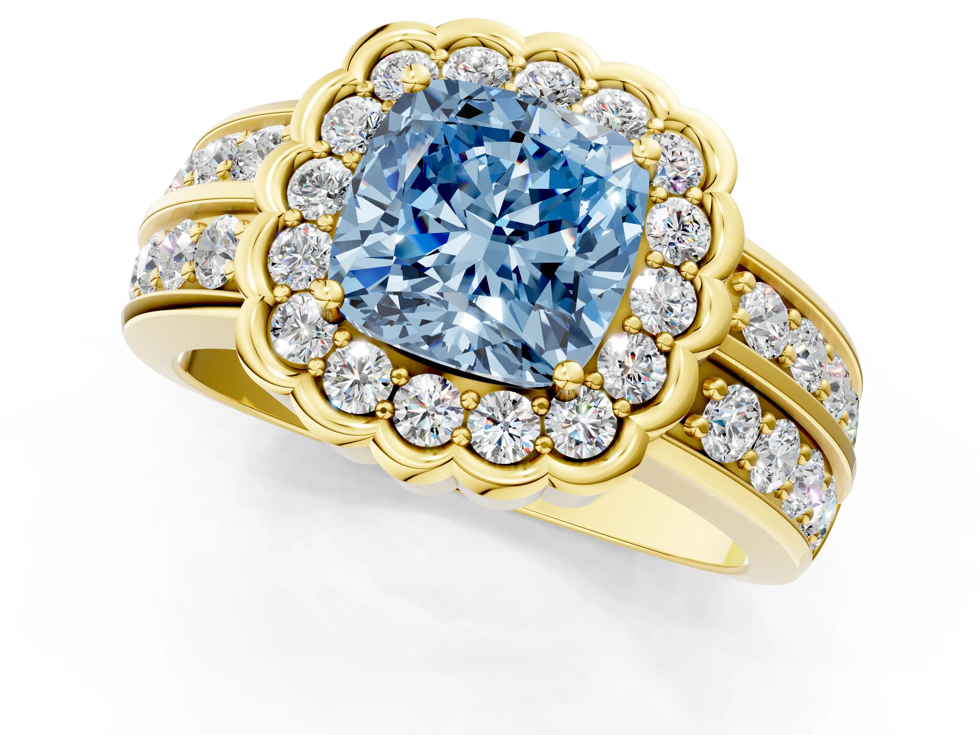 Yellow gold Fancy Blue Cushion Cut Halo Diamond Split Shank Ring with Scalloped Prong Setting_1