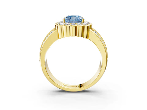 Yellow gold Fancy Blue Cushion Cut Halo Diamond Split Shank Ring with Scalloped Prong Setting_3