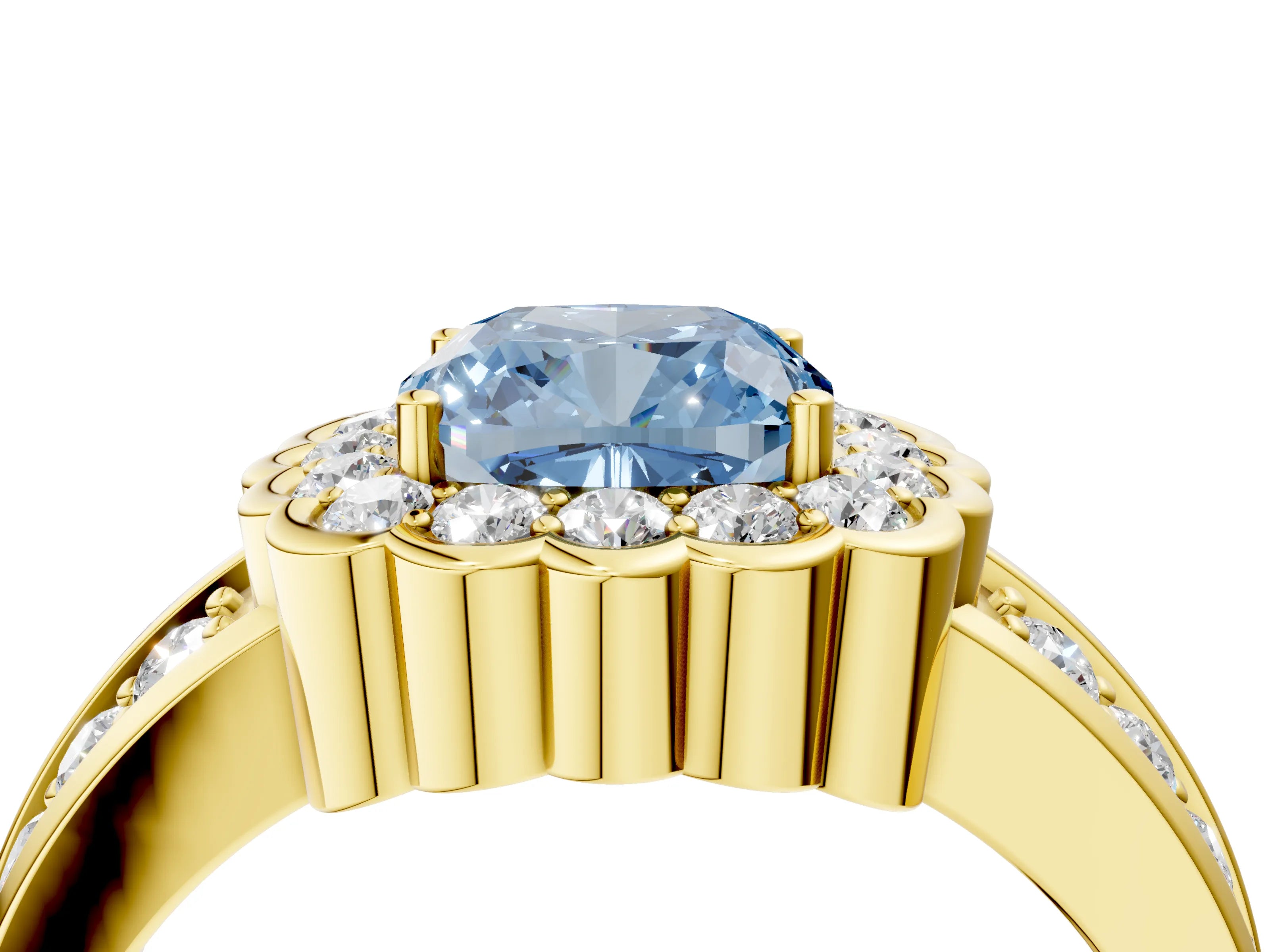 Yellow gold Fancy Blue Cushion Cut Halo Diamond Split Shank Ring with Scalloped Prong Setting_4