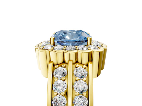 Yellow gold Fancy Blue Cushion Cut Halo Diamond Split Shank Ring with Scalloped Prong Setting_5