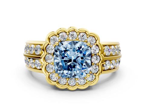 Yellow gold Fancy Blue Cushion Cut Halo Diamond Split Shank Ring with Scalloped Prong Setting
