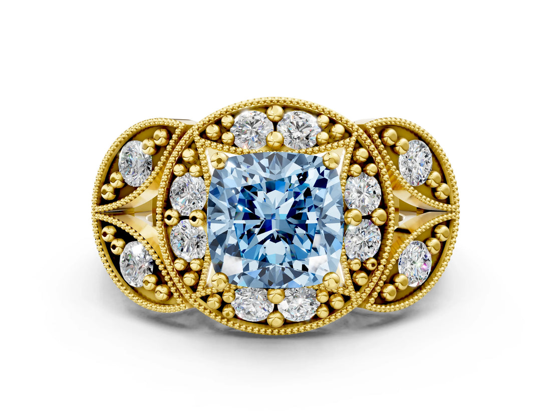 Yellow gold Fancy Blue Cushion Cut Halo Milgrain Diamond Engagement Ring with Leaf Band and Four-Prong Setting