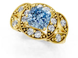 Yellow gold Fancy Blue Cushion Cut Halo Milgrain Diamond Engagement Ring with Leaf Band and Four-Prong Setting_1