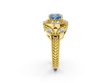 Yellow gold Fancy Blue Cushion Cut Halo Milgrain Diamond Engagement Ring with Leaf Band and Four-Prong Setting_2
