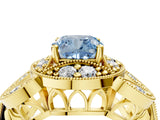 Yellow gold Fancy Blue Cushion Cut Halo Milgrain Diamond Engagement Ring with Leaf Band and Four-Prong Setting_4