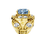 Yellow gold Fancy Blue Cushion Cut Halo Milgrain Diamond Engagement Ring with Leaf Band and Four-Prong Setting_5