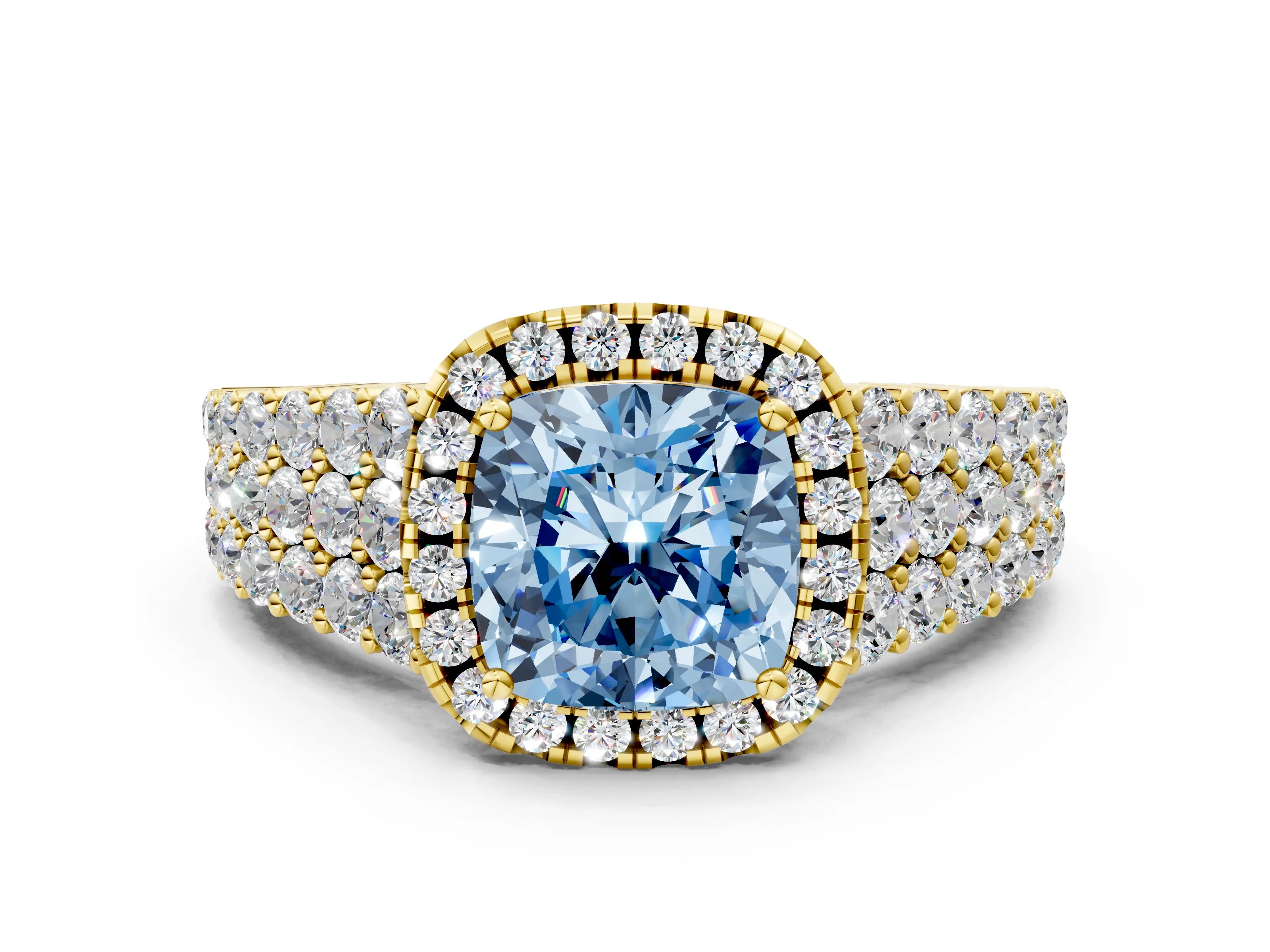 Yellow gold Fancy Blue Cushion Cut Halo Pavé Diamond Engagement Ring with Split Shank and Four-Prong Setting_3