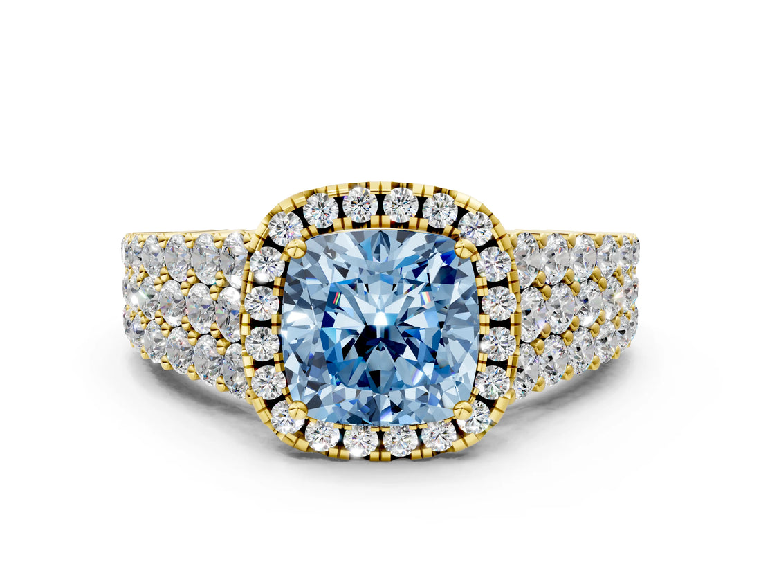 Yellow gold Fancy Blue Cushion Cut Halo Pavé Diamond Engagement Ring with Split Shank and Four-Prong Setting_3