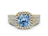 Yellow gold Fancy Blue Cushion Cut Halo Pavé Diamond Engagement Ring with Split Shank and Four-Prong Setting_3