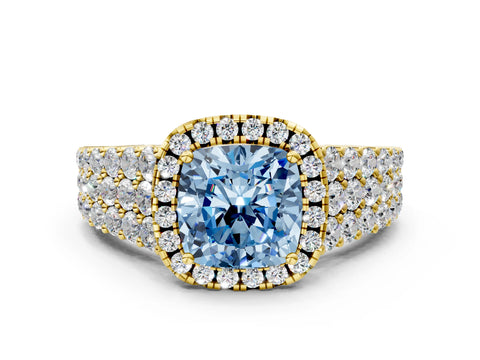 Yellow gold Fancy Blue Cushion Cut Halo Pavé Diamond Engagement Ring with Split Shank and Four-Prong Setting_3