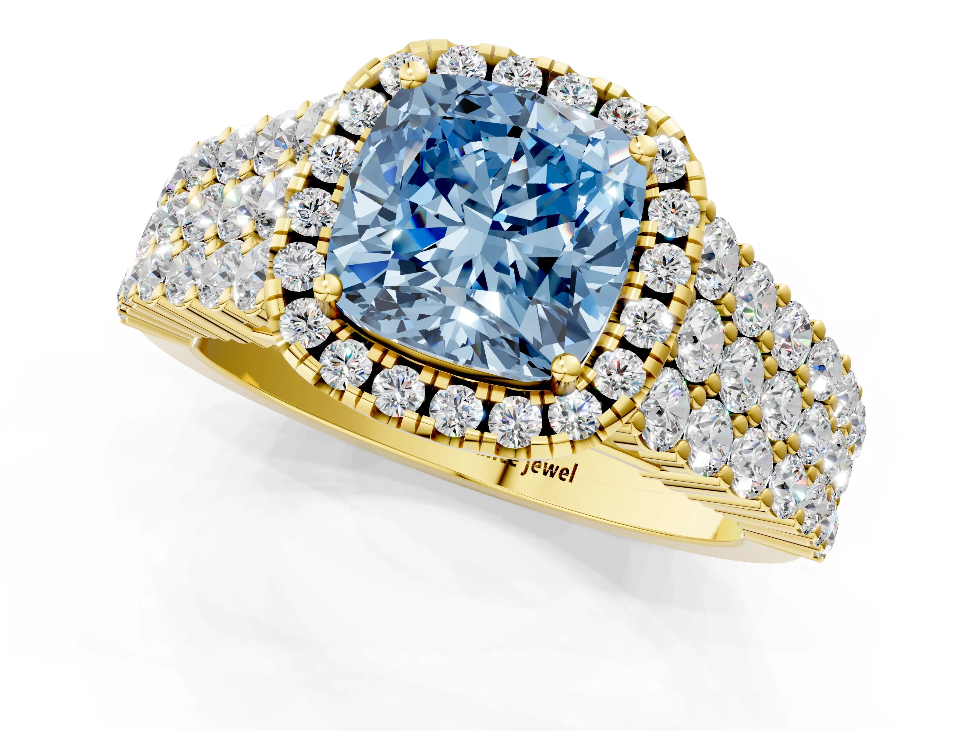 Yellow gold Fancy Blue Cushion Cut Halo Pavé Diamond Engagement Ring with Split Shank and Four-Prong Setting_4