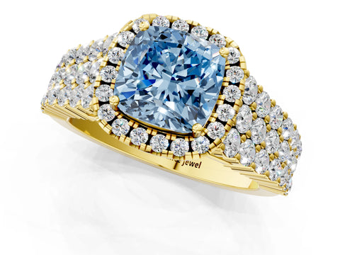 Yellow gold Fancy Blue Cushion Cut Halo Pavé Diamond Engagement Ring with Split Shank and Four-Prong Setting_4