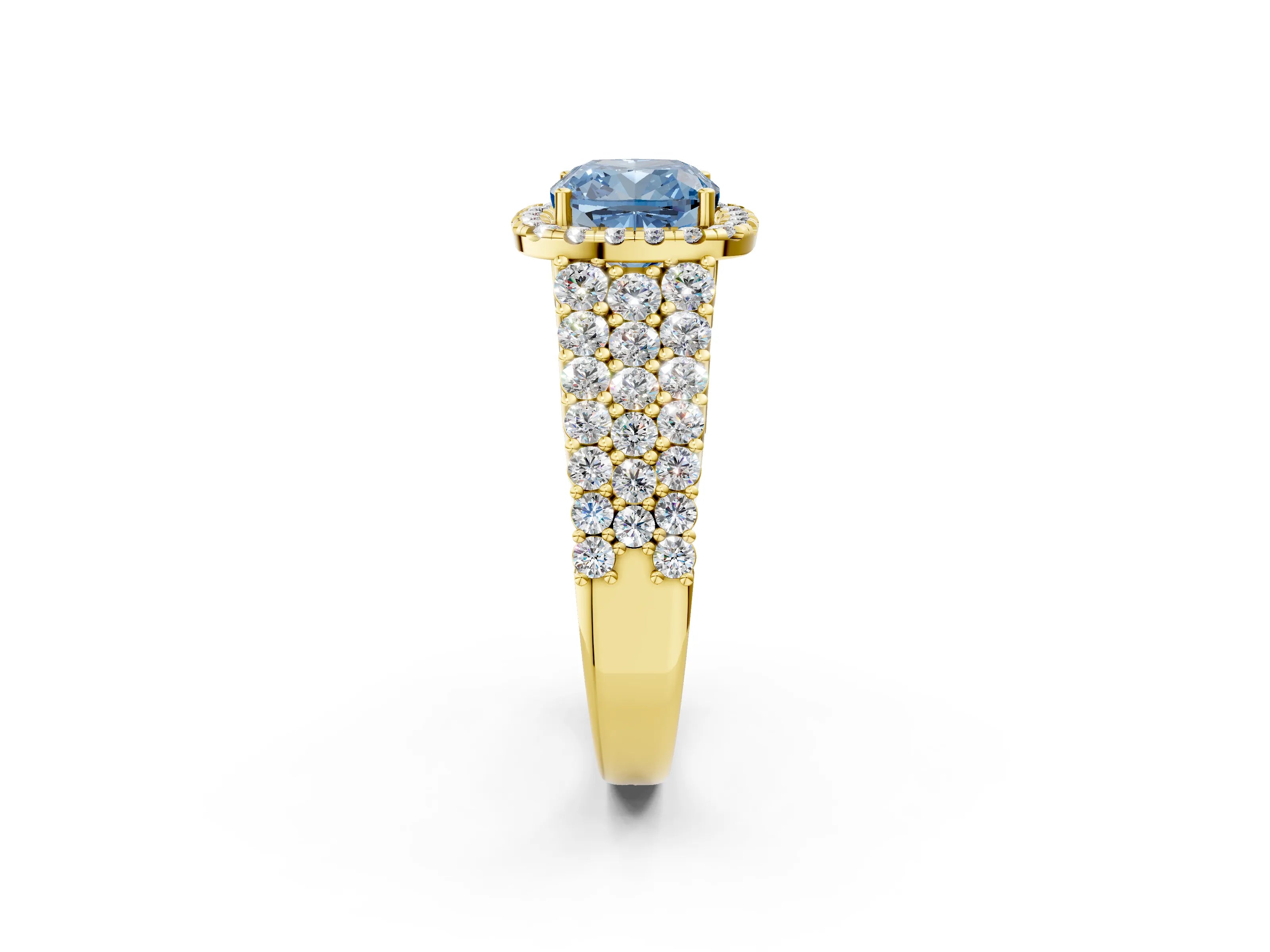 Yellow gold Fancy Blue Cushion Cut Halo Pavé Diamond Engagement Ring with Split Shank and Four-Prong Setting_5