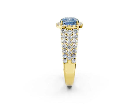Yellow gold Fancy Blue Cushion Cut Halo Pavé Diamond Engagement Ring with Split Shank and Four-Prong Setting_5