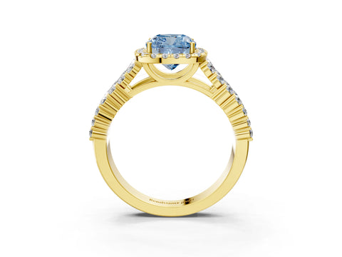 Yellow gold Fancy Blue Cushion Cut Halo Pavé Diamond Engagement Ring with Split Shank and Four-Prong Setting_6