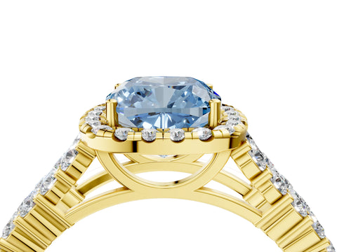Yellow gold Fancy Blue Cushion Cut Halo Pavé Diamond Engagement Ring with Split Shank and Four-Prong Setting_7