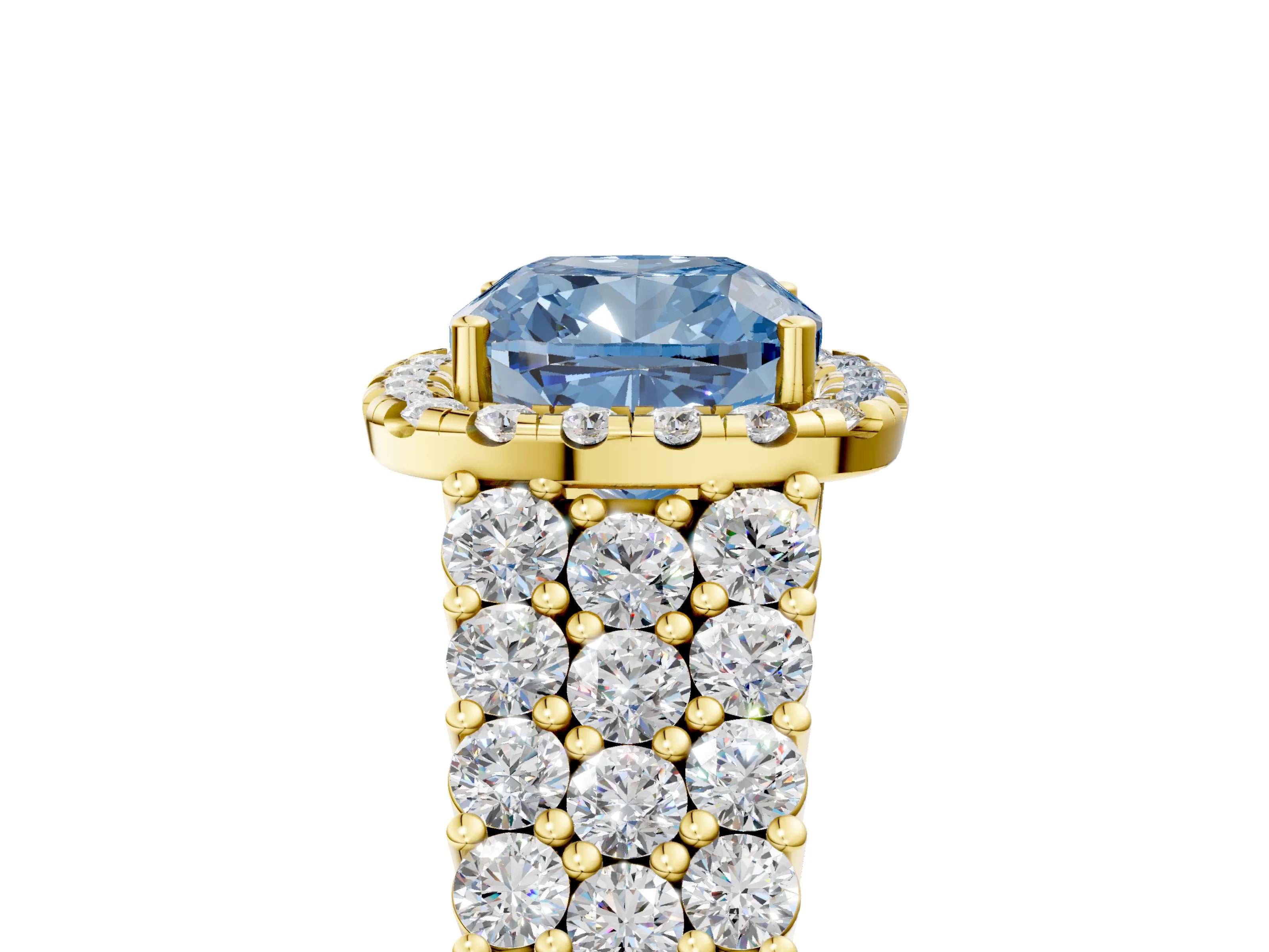 Yellow gold Fancy Blue Cushion Cut Halo Pavé Diamond Engagement Ring with Split Shank and Four-Prong Setting_8