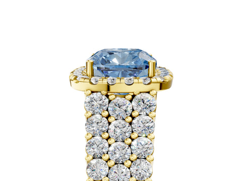 Yellow gold Fancy Blue Cushion Cut Halo Pavé Diamond Engagement Ring with Split Shank and Four-Prong Setting_8