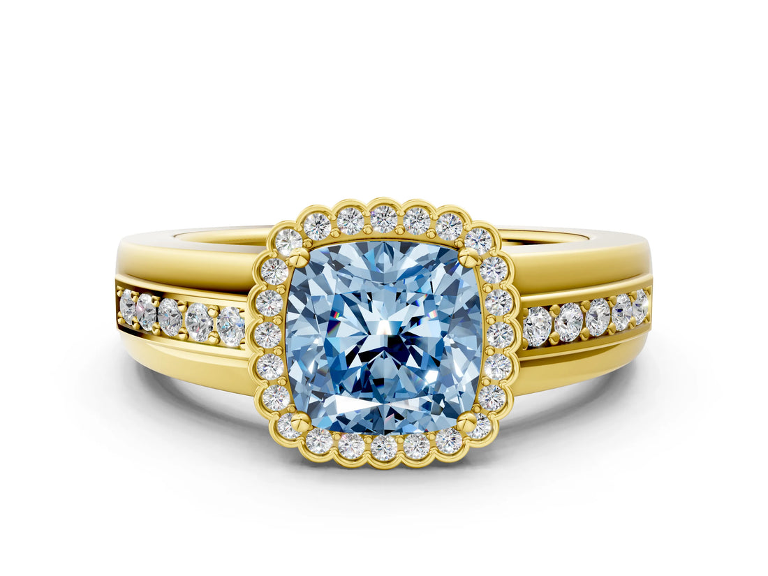 Yellow gold Fancy Blue Cushion  Cut Halo Pave Band Four-Prong Ring_49