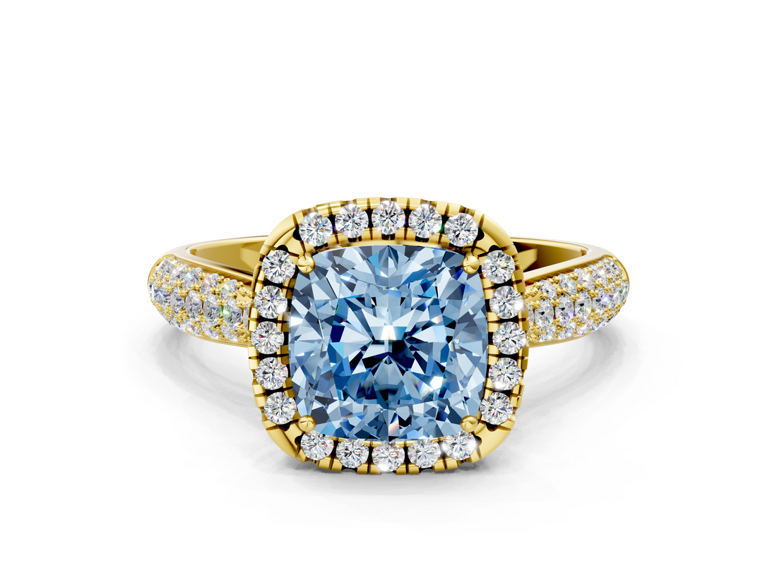Yellow gold Fancy Blue Cushion  Cut Halo Pave Band Four-Prong Setting Ring_37
