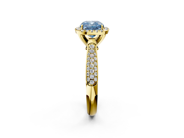 Yellow gold Fancy Blue Cushion  Cut Halo Pave Band Four-Prong Setting Ring