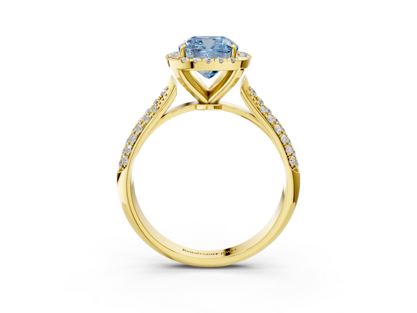 Yellow gold Fancy Blue Cushion  Cut Halo Pave Band Four-Prong Setting Ring