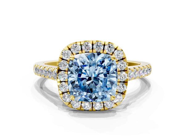 Yellow gold Fancy Blue Cushion Cut Halo Pave Diamond Engagement Ring with Four-Prong Setting