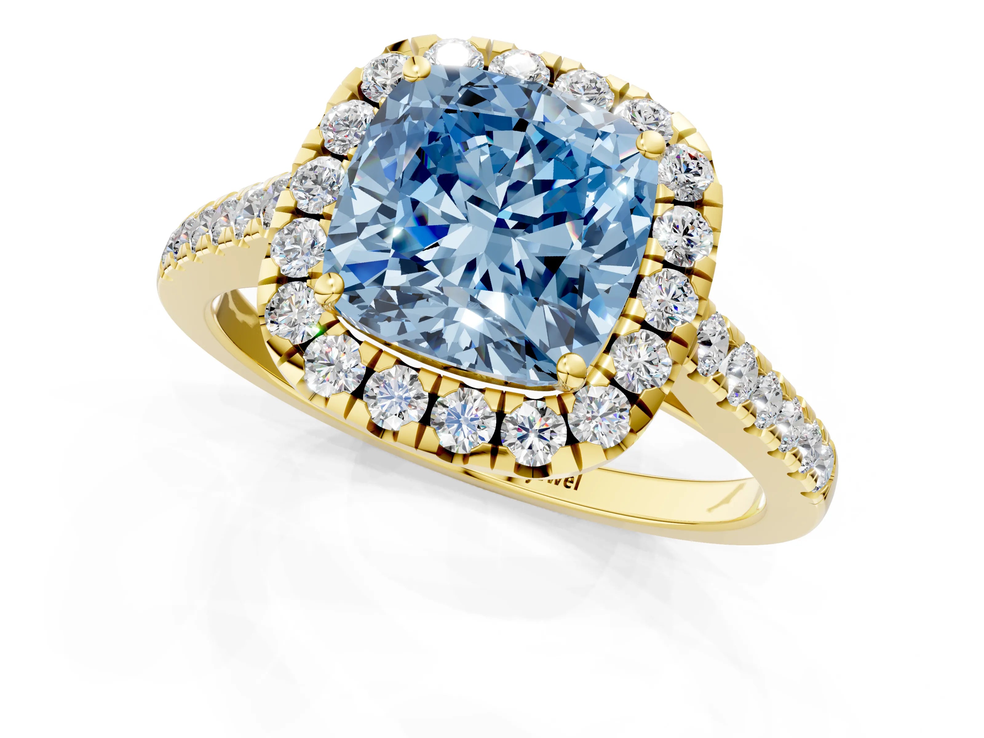 Yellow gold Fancy Blue Cushion Cut Halo Pave Diamond Engagement Ring with Four-Prong Setting_1