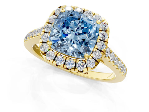Yellow gold Fancy Blue Cushion Cut Halo Pave Diamond Engagement Ring with Four-Prong Setting_1