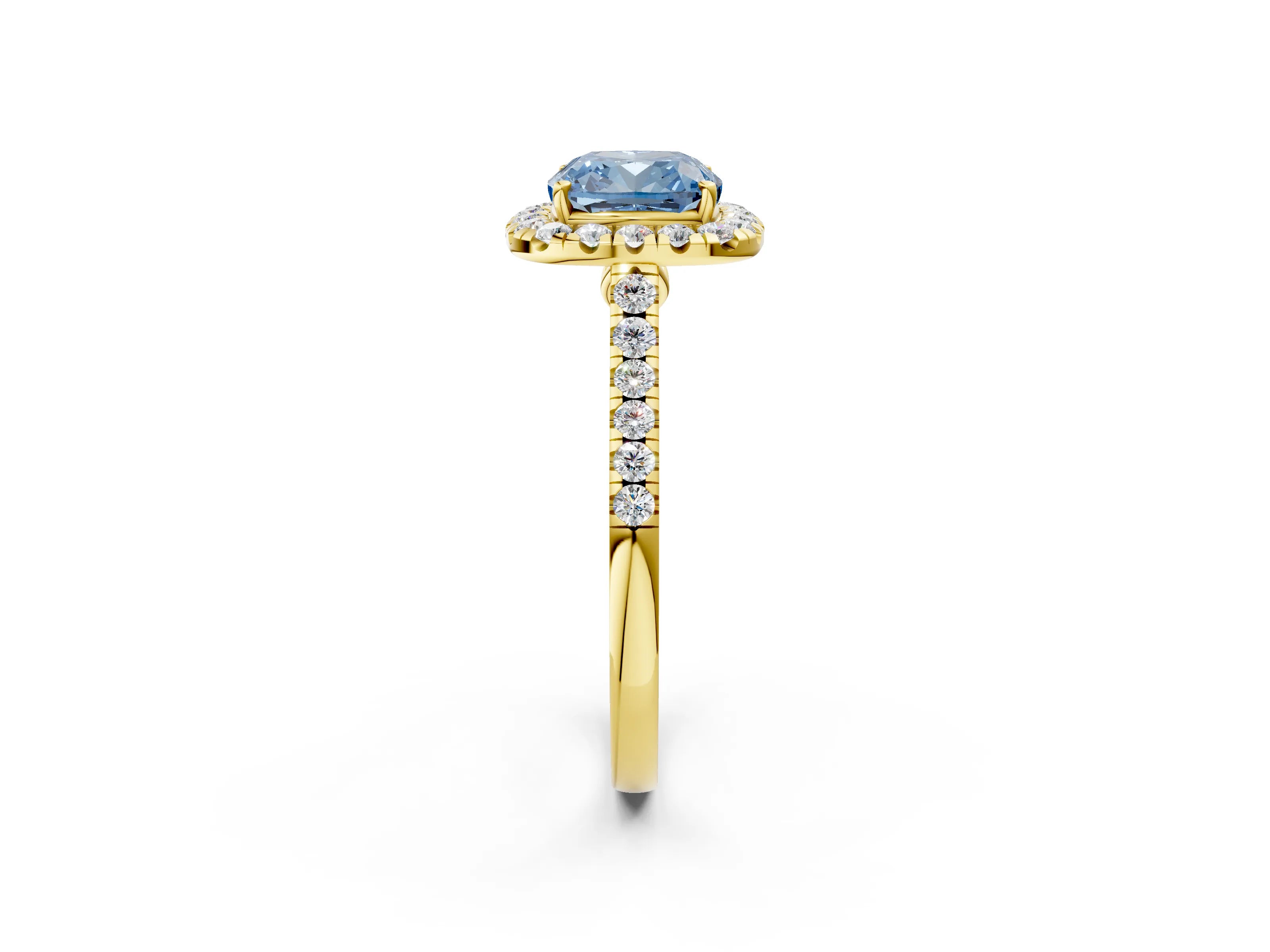Yellow gold Fancy Blue Cushion Cut Halo Pave Diamond Engagement Ring with Four-Prong Setting_2