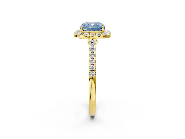 Yellow gold Fancy Blue Cushion Cut Halo Pave Diamond Engagement Ring with Four-Prong Setting