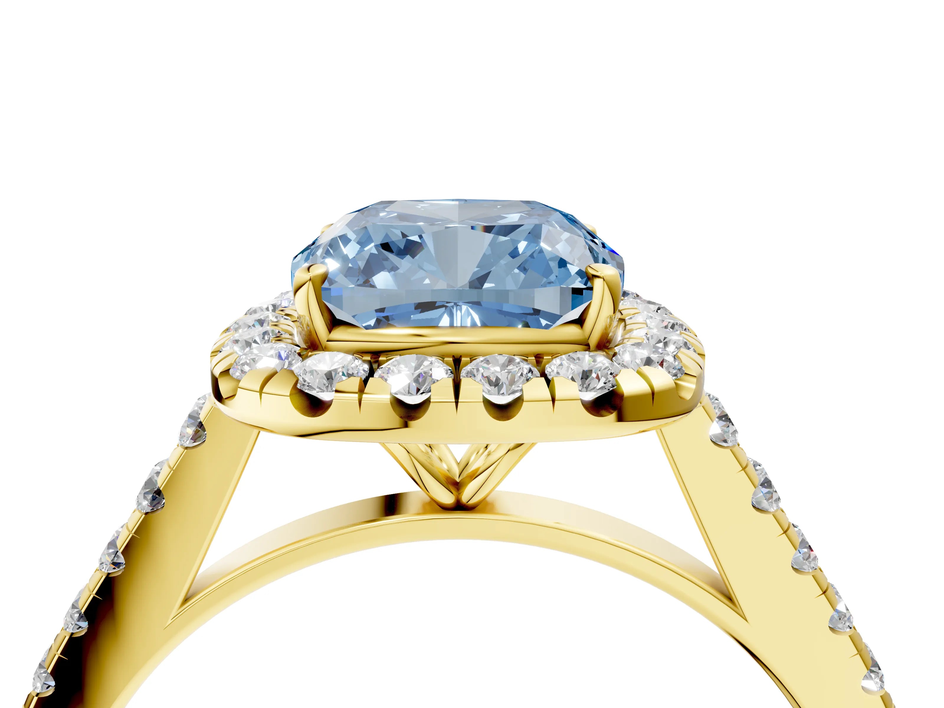 Yellow gold Fancy Blue Cushion Cut Halo Pave Diamond Engagement Ring with Four-Prong Setting_4