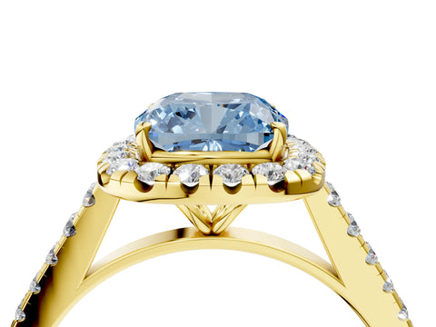 Yellow gold Fancy Blue Cushion Cut Halo Pave Diamond Engagement Ring with Four-Prong Setting_4